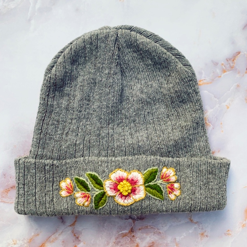 Gray Floral Hand Embroidered Winter Hat Women's Beanie